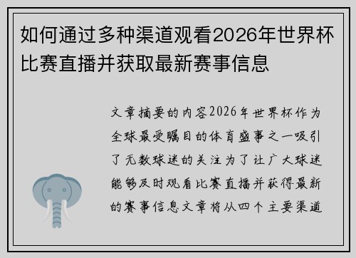 如何通过多种渠道观看2026年世界杯比赛直播并获取最新赛事信息 如何通过多种渠道观看2026年世界杯比赛直播并获取最新赛事信息
